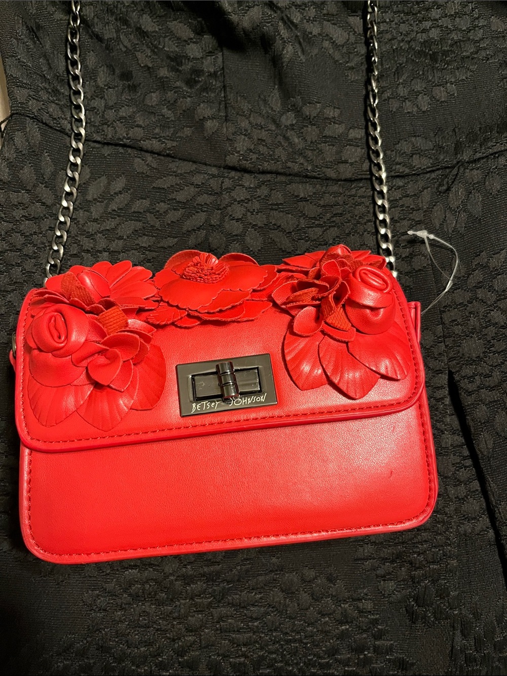 Like New Betsey Johnson Bright Red 3D Floral Appliqué Crossbody
